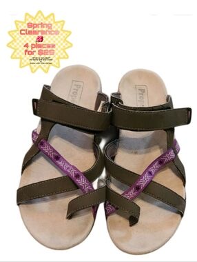 Women's Propét Contoured Comfort Sandals    Brownish/Green with Purple Accent